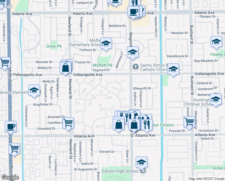 map of restaurants, bars, coffee shops, grocery stores, and more near 8566 Fallbrook Circle in Huntington Beach
