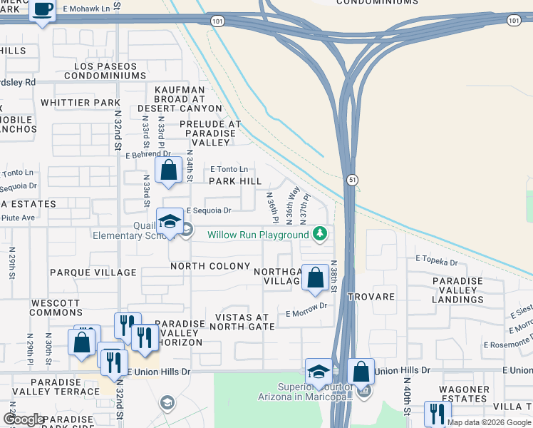 map of restaurants, bars, coffee shops, grocery stores, and more near 19422 North 36th Place in Phoenix