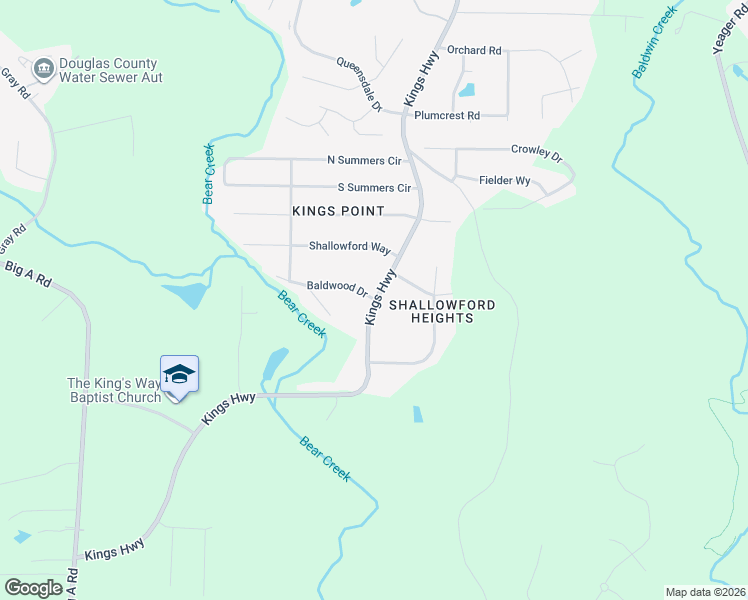 map of restaurants, bars, coffee shops, grocery stores, and more near 57 Baldwood Drive in Douglasville