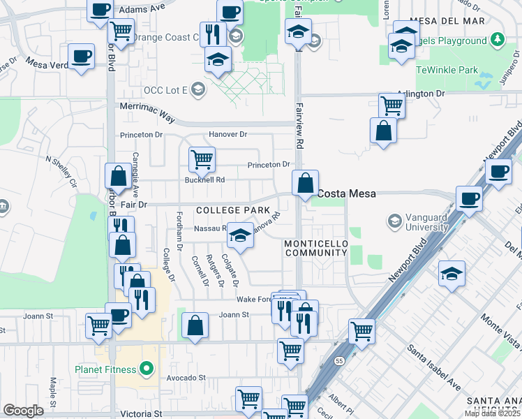 map of restaurants, bars, coffee shops, grocery stores, and more near 250 Loyola Road in Costa Mesa