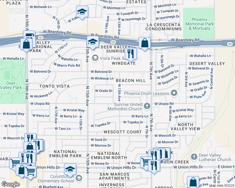 map of restaurants, bars, coffee shops, grocery stores, and more near 19426 North 13th Avenue in Phoenix