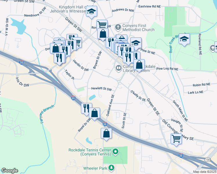 map of restaurants, bars, coffee shops, grocery stores, and more near 951 Hewlett Street Southwest in Conyers
