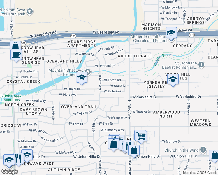 map of restaurants, bars, coffee shops, grocery stores, and more near 4445 West Oraibi Drive in Glendale