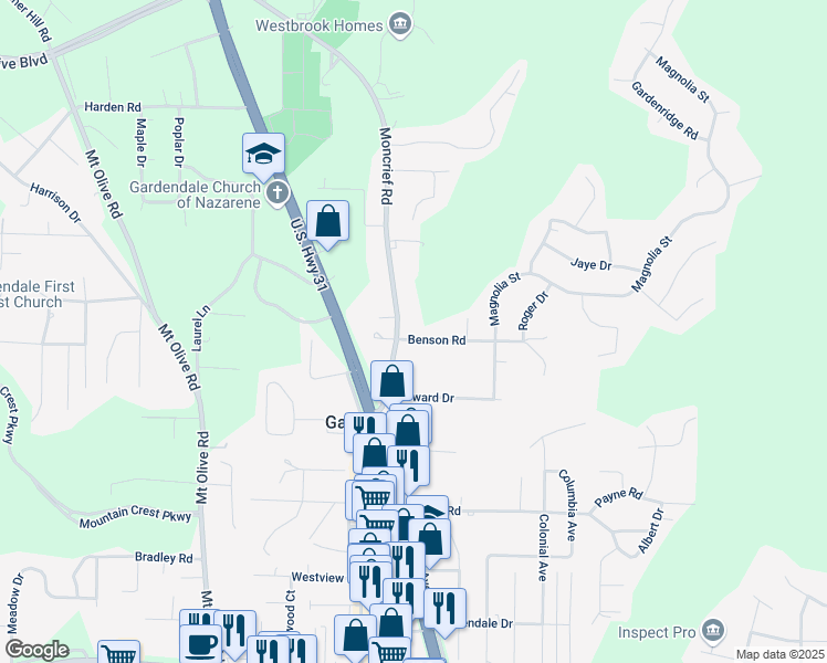 map of restaurants, bars, coffee shops, grocery stores, and more near 194 Benson Road in Gardendale