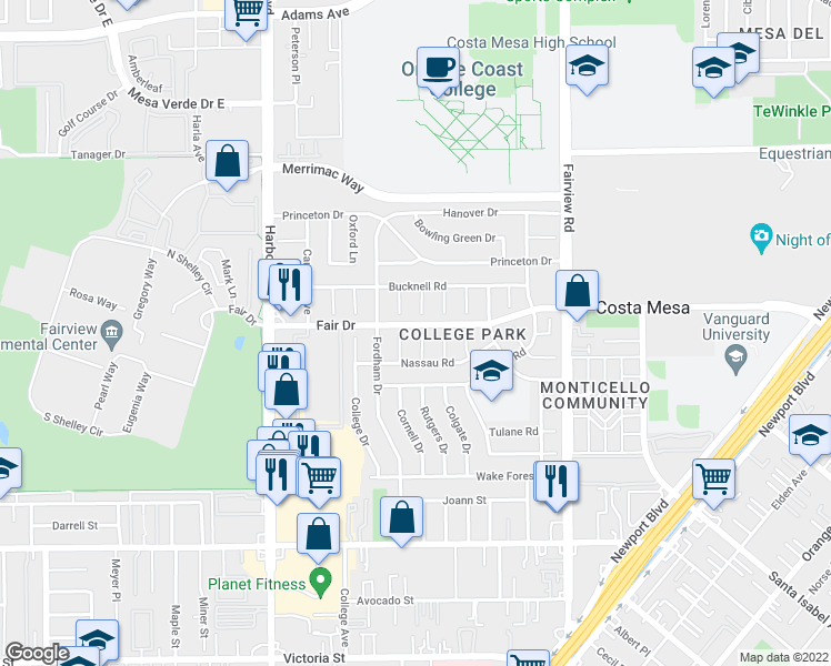 map of restaurants, bars, coffee shops, grocery stores, and more near 2447 Bowdoin Place in Costa Mesa