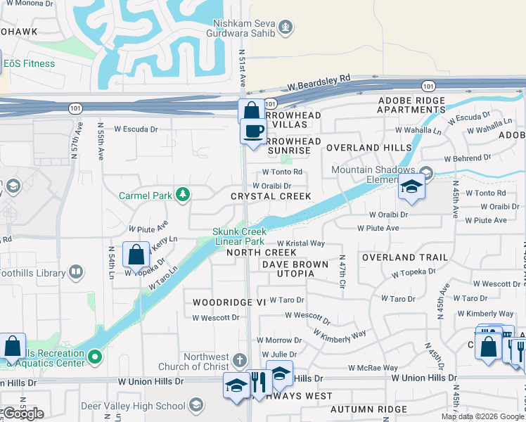 map of restaurants, bars, coffee shops, grocery stores, and more near 5023 West Wikieup Lane in Glendale