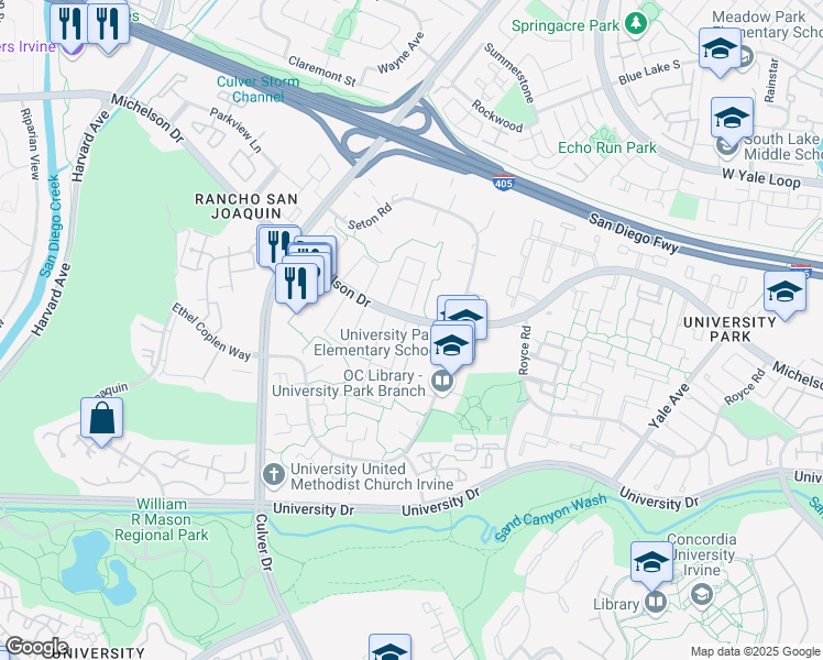 map of restaurants, bars, coffee shops, grocery stores, and more near 36 Mann Street in Irvine