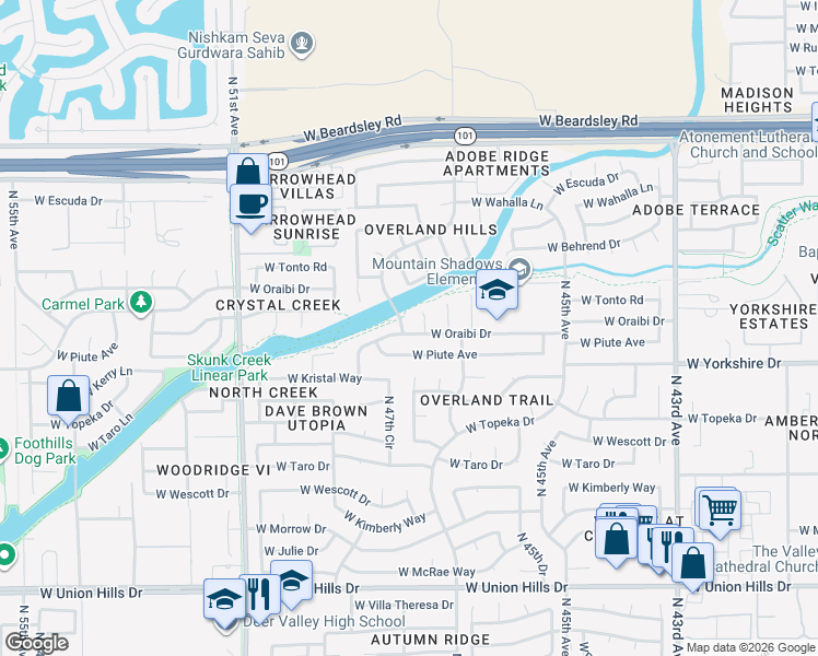 map of restaurants, bars, coffee shops, grocery stores, and more near 4752 West Oraibi Drive in Glendale