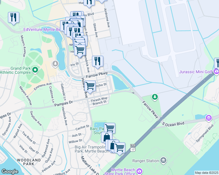 map of restaurants, bars, coffee shops, grocery stores, and more near 738 Shine Avenue in Myrtle Beach