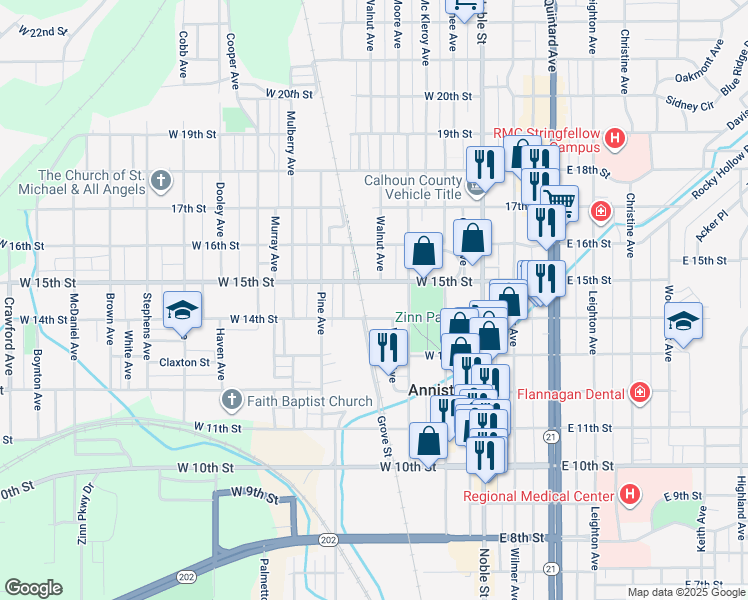 map of restaurants, bars, coffee shops, grocery stores, and more near 300 West 15th Street in Anniston