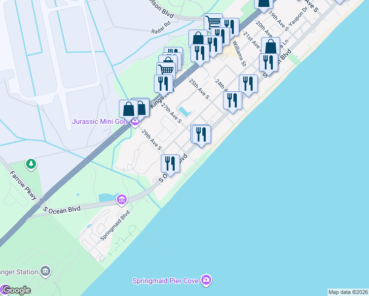 map of restaurants, bars, coffee shops, grocery stores, and more near 2710 South Ocean Boulevard in Myrtle Beach