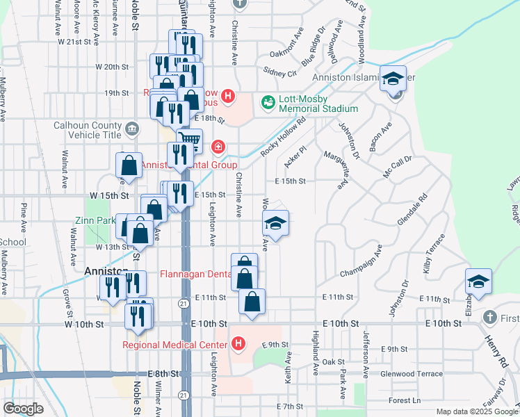 map of restaurants, bars, coffee shops, grocery stores, and more near 1420 Woodstock Avenue in Anniston