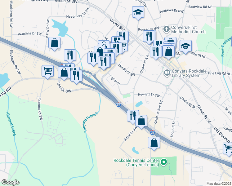 map of restaurants, bars, coffee shops, grocery stores, and more near 1130 Dogwood Drive Southwest in Conyers