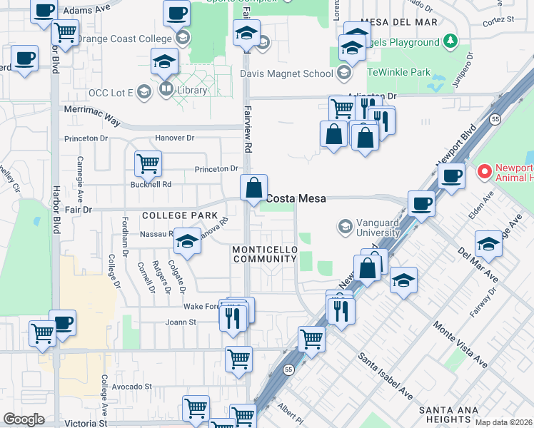 map of restaurants, bars, coffee shops, grocery stores, and more near 132 Clearbrook Lane in Costa Mesa