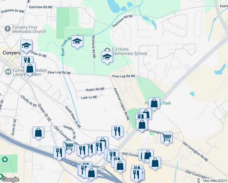 map of restaurants, bars, coffee shops, grocery stores, and more near 870 American Legion Road Northeast in Conyers
