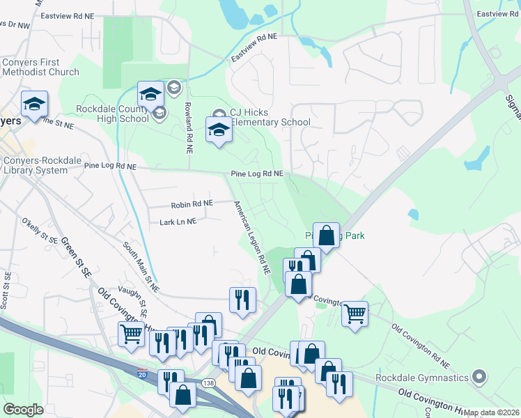 map of restaurants, bars, coffee shops, grocery stores, and more near 677 American Legion Road Northeast in Conyers