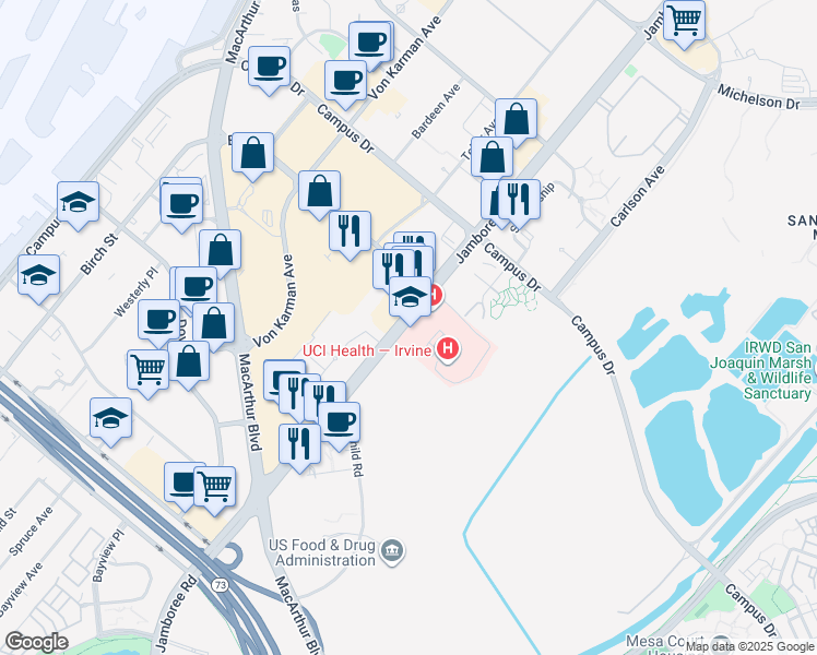 map of restaurants, bars, coffee shops, grocery stores, and more near 19262 Jamboree Road in Irvine