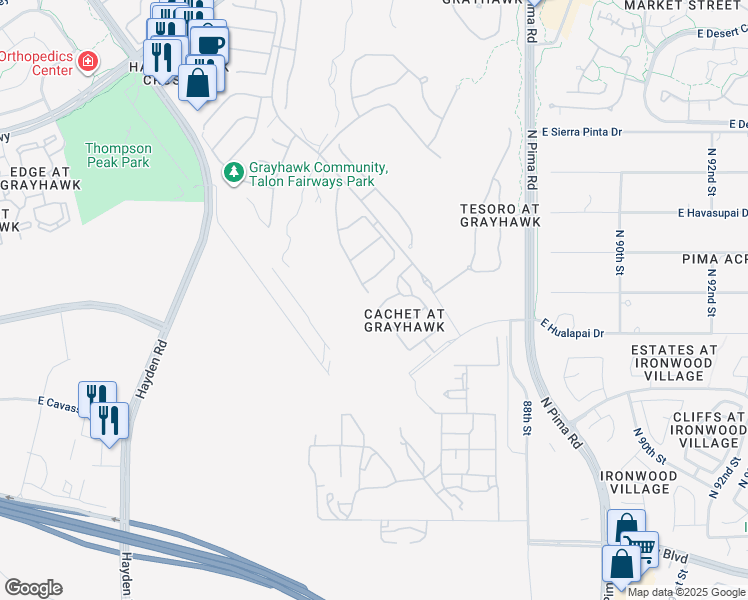map of restaurants, bars, coffee shops, grocery stores, and more near 19550 North Grayhawk Drive in Scottsdale
