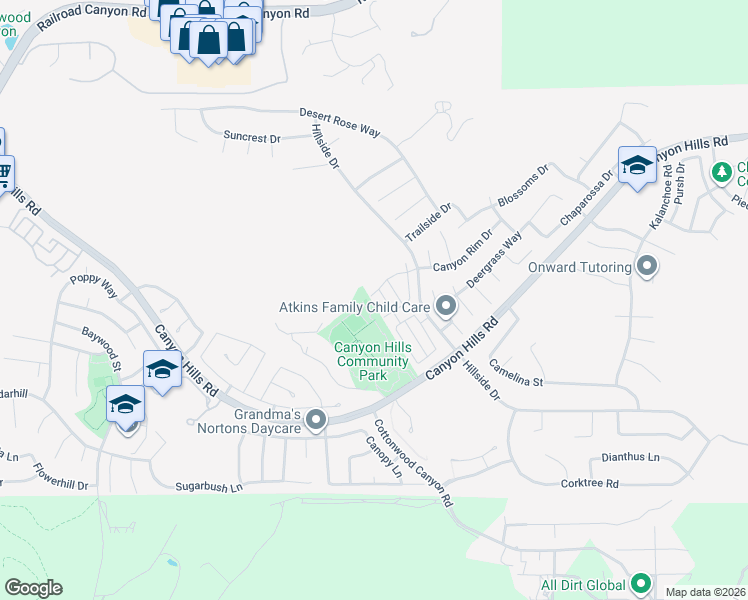 map of restaurants, bars, coffee shops, grocery stores, and more near 34213 Parkside Drive in Lake Elsinore