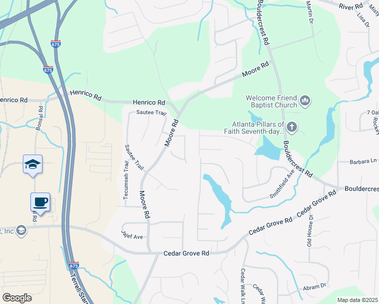 map of restaurants, bars, coffee shops, grocery stores, and more near 4016 Moore Creek Drive in Conley