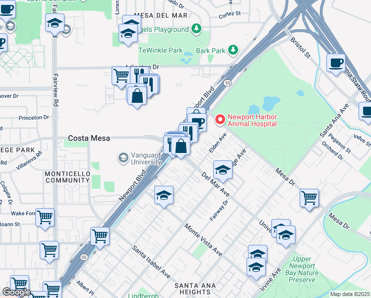 map of restaurants, bars, coffee shops, grocery stores, and more near 2602 Newport Boulevard in Costa Mesa