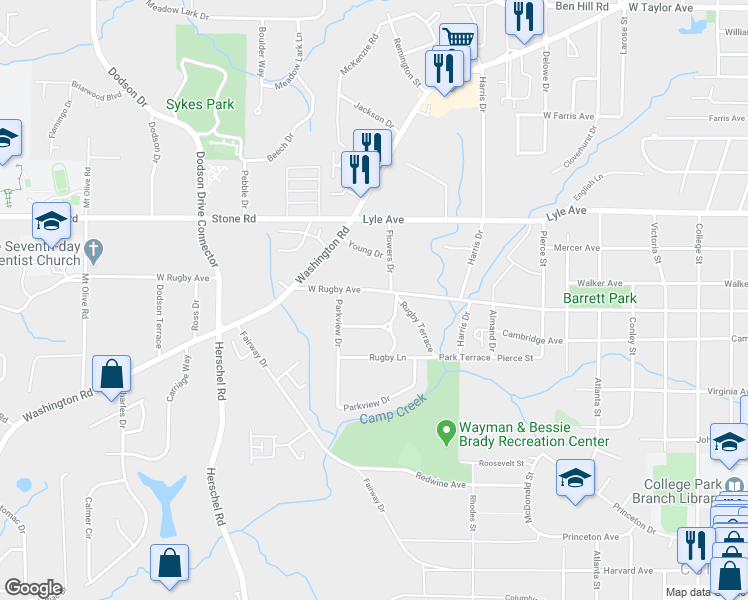 map of restaurants, bars, coffee shops, grocery stores, and more near 2328 West Rugby Avenue in College Park