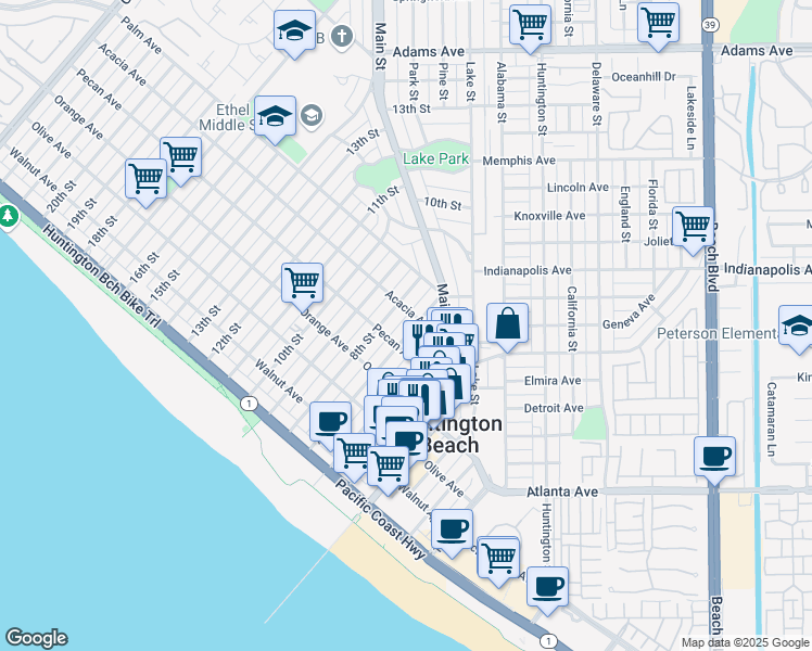 map of restaurants, bars, coffee shops, grocery stores, and more near 517 7th Street in Huntington Beach