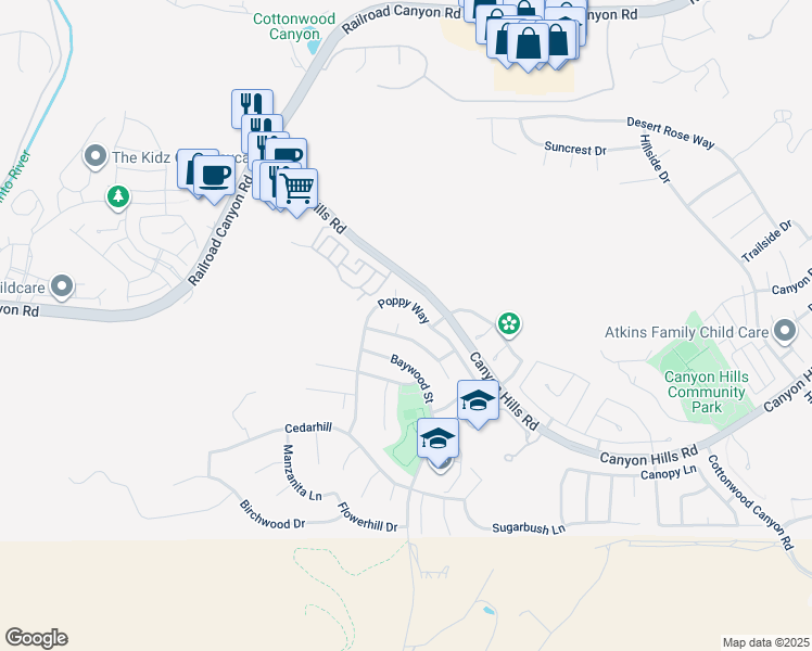 map of restaurants, bars, coffee shops, grocery stores, and more near 32050 Freesia Court in Lake Elsinore