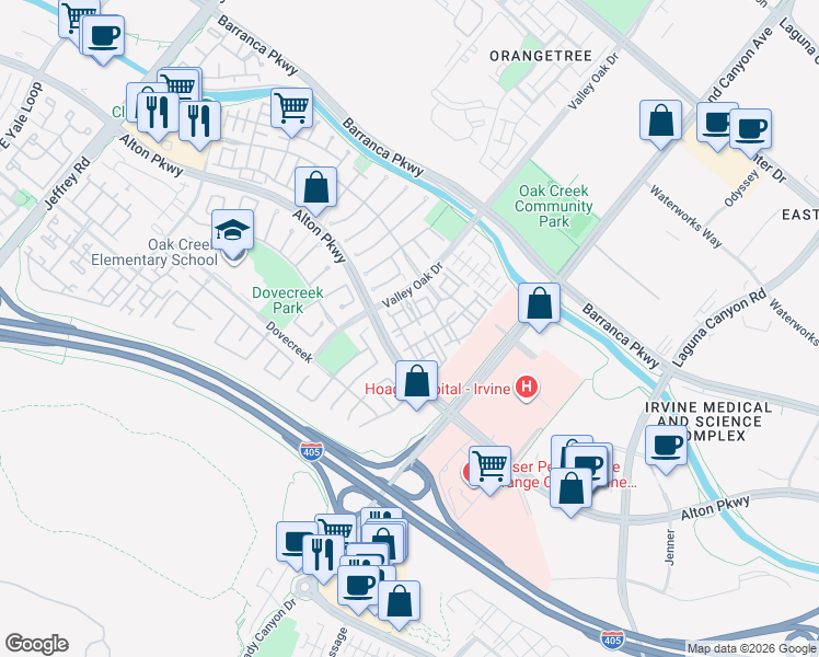 map of restaurants, bars, coffee shops, grocery stores, and more near 909 Oak Glen in Irvine