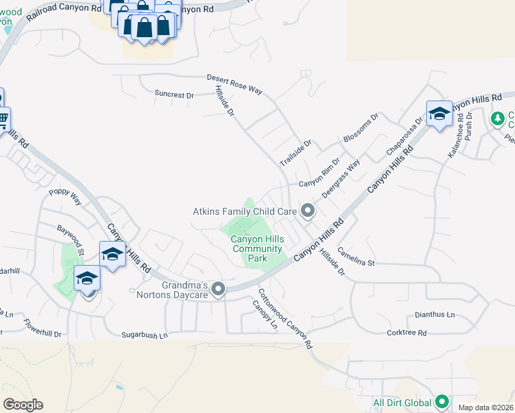 map of restaurants, bars, coffee shops, grocery stores, and more near 34213 Parkside Drive in Lake Elsinore