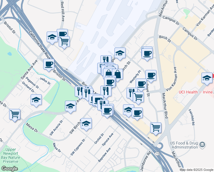 map of restaurants, bars, coffee shops, grocery stores, and more near 3841 Birch Street in Newport Beach