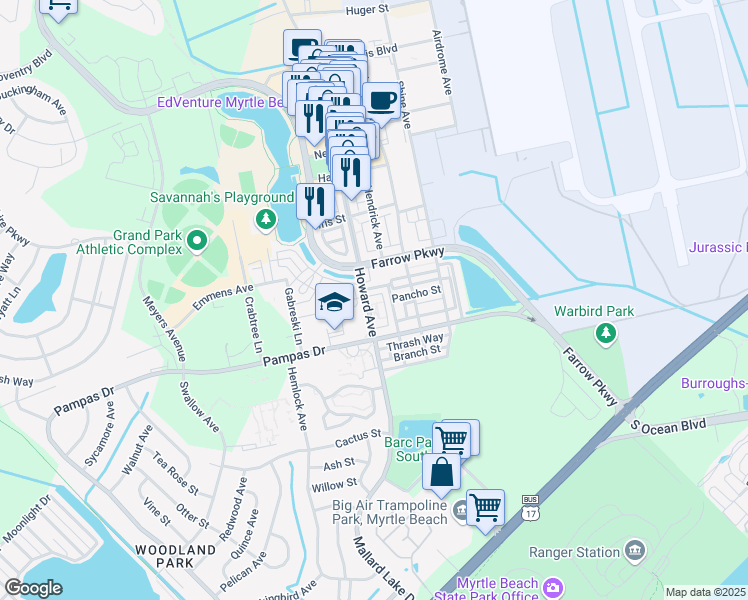 map of restaurants, bars, coffee shops, grocery stores, and more near 830 Howard Avenue in Myrtle Beach