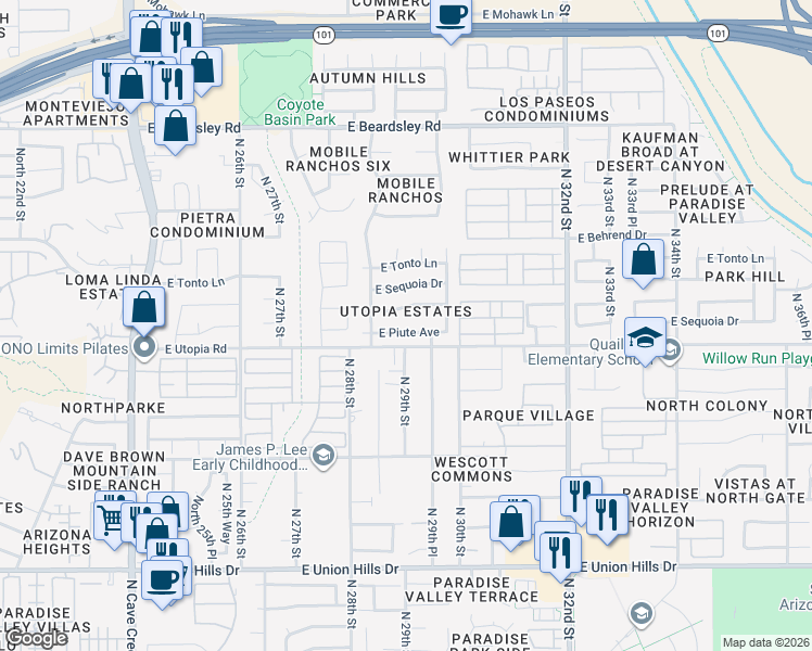 map of restaurants, bars, coffee shops, grocery stores, and more near 2926 E Piute Ave in Phoenix