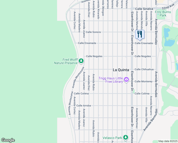 map of restaurants, bars, coffee shops, grocery stores, and more near Avenida Diaz in La Quinta