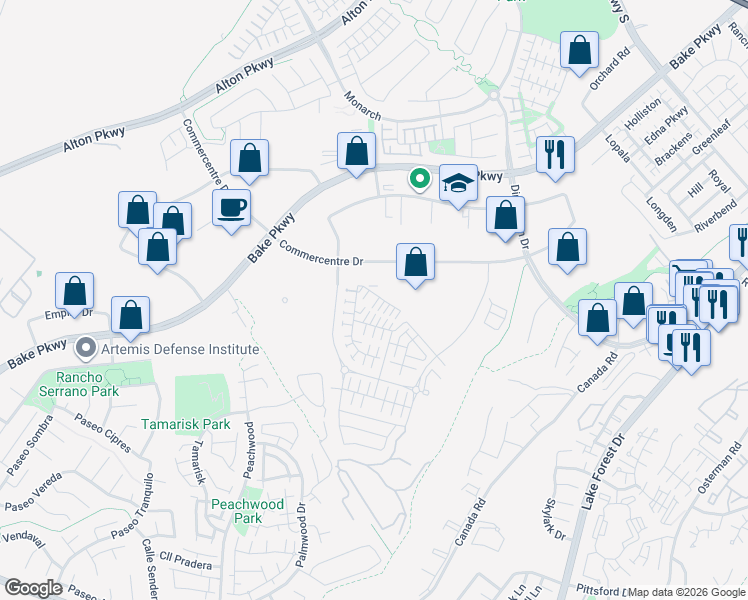 map of restaurants, bars, coffee shops, grocery stores, and more near 225 Carmona in Lake Forest