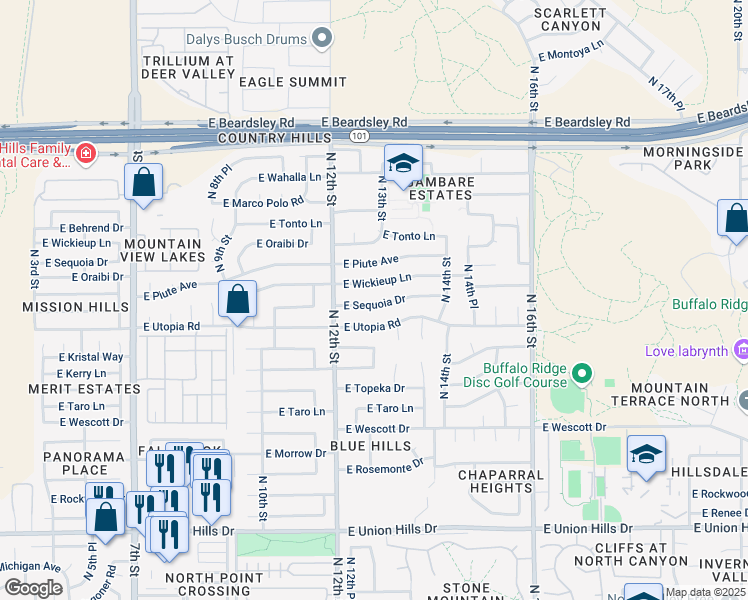 map of restaurants, bars, coffee shops, grocery stores, and more near 1226 East Sequoia Drive in Phoenix