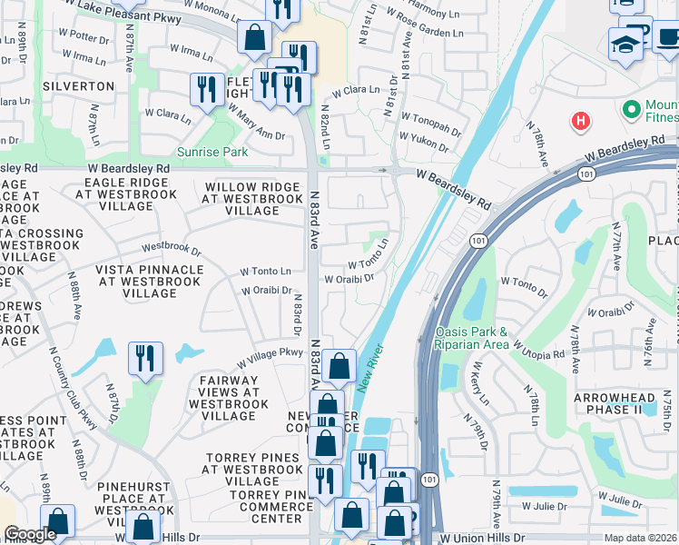 map of restaurants, bars, coffee shops, grocery stores, and more near 8199 West Tonto Lane in Peoria