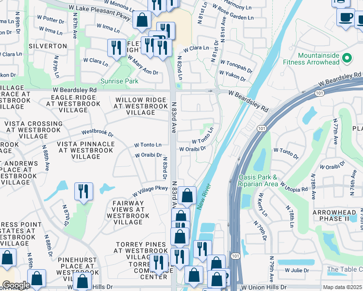 map of restaurants, bars, coffee shops, grocery stores, and more near 8233 West Tonto Lane in Peoria