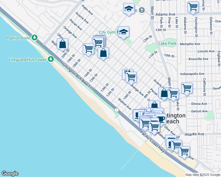 map of restaurants, bars, coffee shops, grocery stores, and more near 1218 Walnut Avenue in Huntington Beach