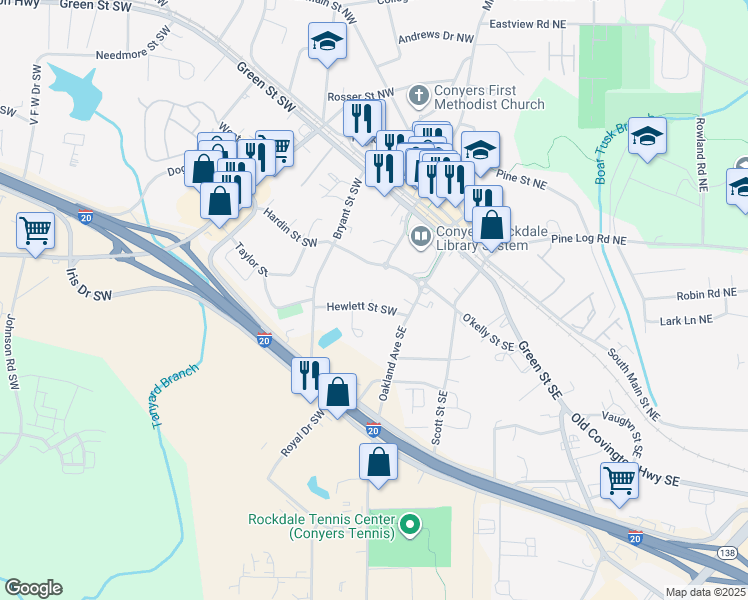 map of restaurants, bars, coffee shops, grocery stores, and more near 951 Hewlett Street Southwest in Conyers