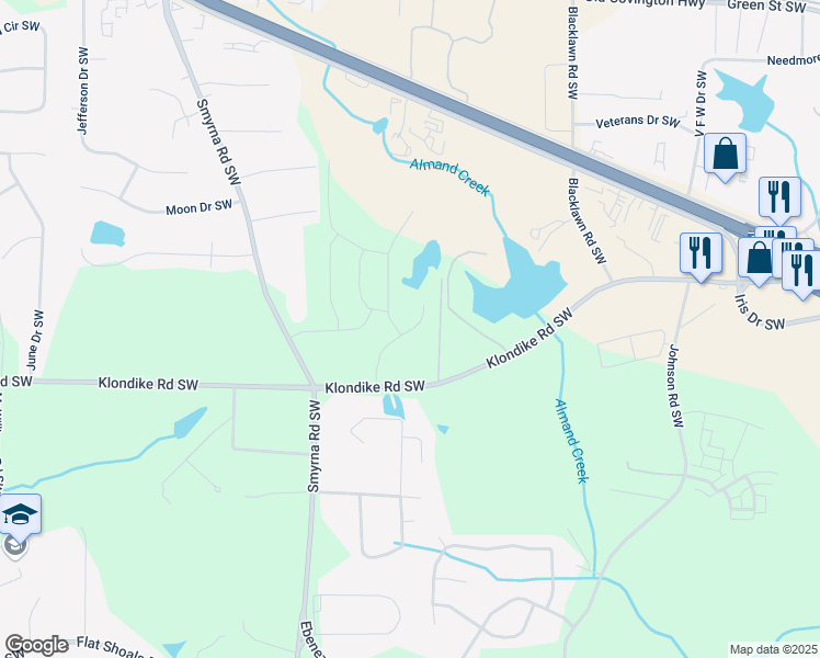 map of restaurants, bars, coffee shops, grocery stores, and more near Maplewood Lane in Conyers