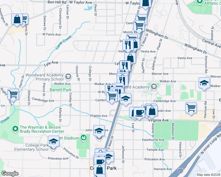 map of restaurants, bars, coffee shops, grocery stores, and more near 1813 West Rugby Avenue in Atlanta