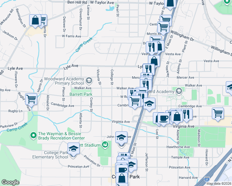 map of restaurants, bars, coffee shops, grocery stores, and more near 1891 West Rugby Avenue in College Park