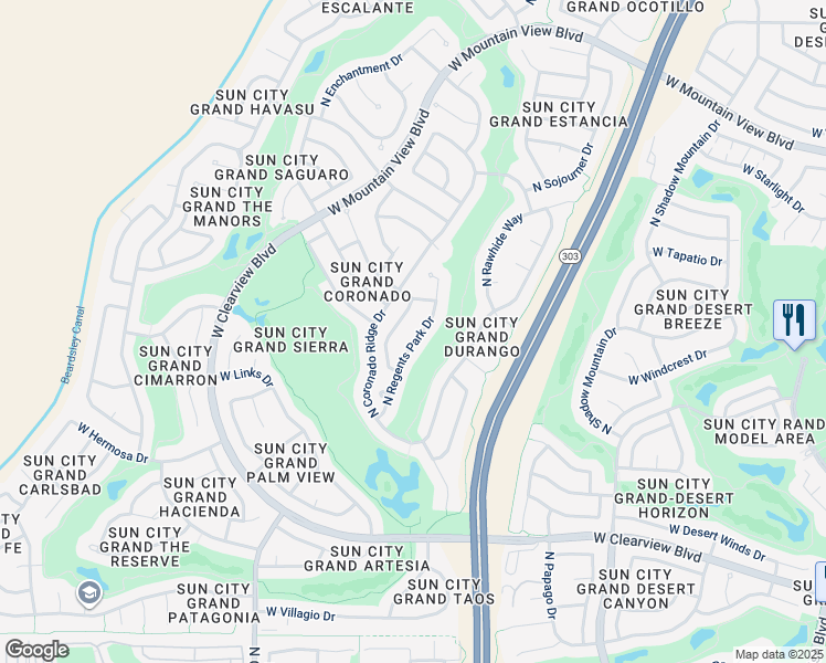 map of restaurants, bars, coffee shops, grocery stores, and more near 19632 North Regents Park Drive in Surprise