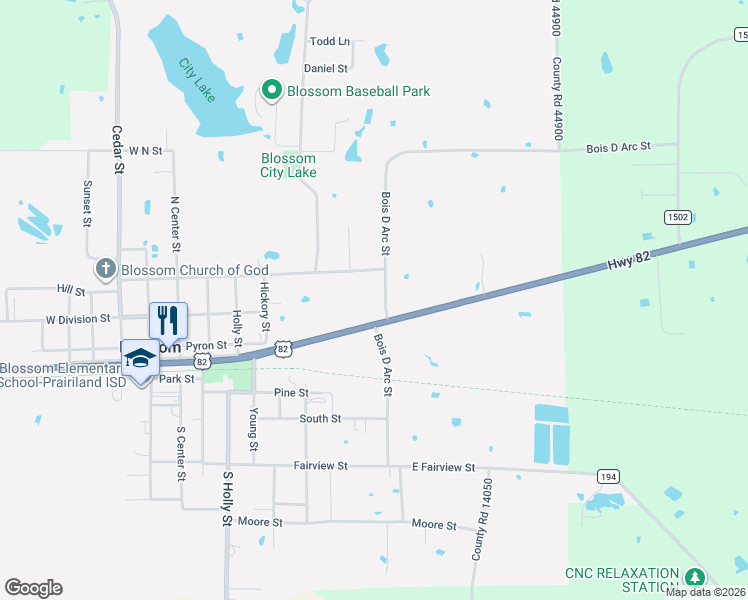 map of restaurants, bars, coffee shops, grocery stores, and more near 215 Bois D Arc Street in Blossom