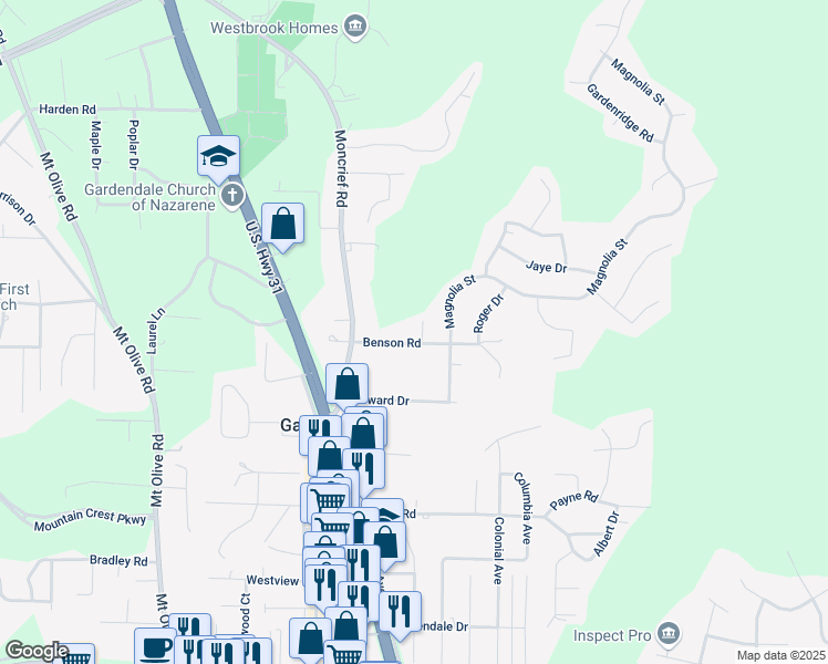 map of restaurants, bars, coffee shops, grocery stores, and more near 230 Benson Road in Gardendale