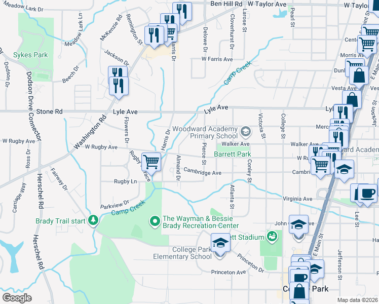 map of restaurants, bars, coffee shops, grocery stores, and more near 2139 West Rugby Avenue in College Park