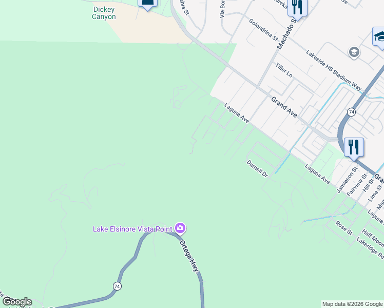 map of restaurants, bars, coffee shops, grocery stores, and more near 33410 Greenwood Drive in Lake Elsinore