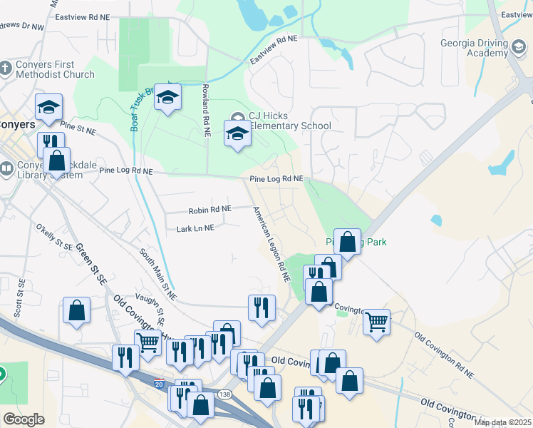 map of restaurants, bars, coffee shops, grocery stores, and more near 870 American Legion Road Northeast in Conyers