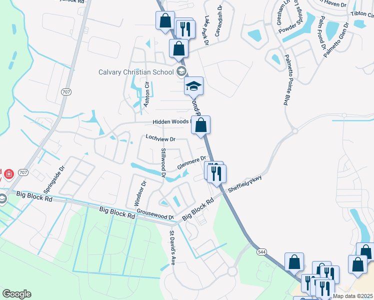 map of restaurants, bars, coffee shops, grocery stores, and more near 3909 Lochview Drive in Myrtle Beach